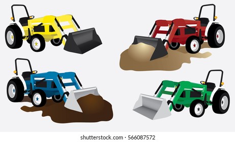 Several tractor images isolated with bucket in several different colors clip art vector illustration on white background