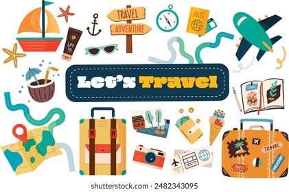 several travel icons and equipment for traveling around the world.