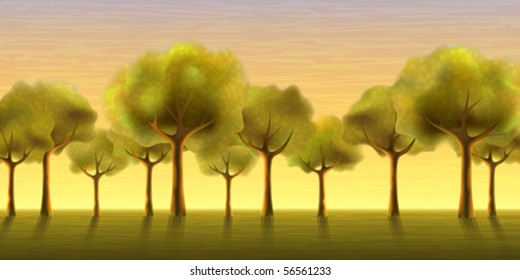 Several trees growing in a line against an evening sky background (AI-optimized EPS 8 file, other landscapes are in my gallery)