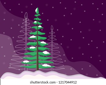 several trees spruce stand in a snowdrift and snowflakes on a dark purple background