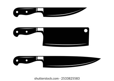 Varios tipos de cuchillos para Chef o Carnicero. Siluetas del cuchillo de cocina para el diseño del logotipo de la muestra del símbolo del restaurante o de la carnicería.