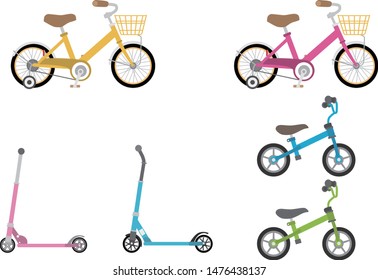 Several types of bicycles for children