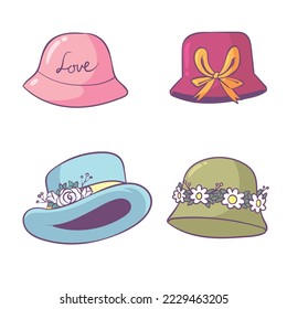 several types of bucket hats. There are various colors and floral decorations.