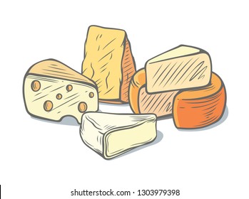 several types of cheese together Hand drawn image. Vector