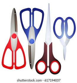 Several types of clerical scissors. Stationery.