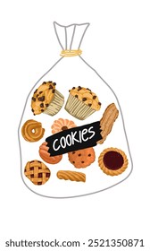 Several types of cookies and cupcakes are wrapped in transparent plastic