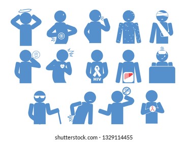 several types of diseases in humans or sick and not feeling well icon. Can be used for medical and health content