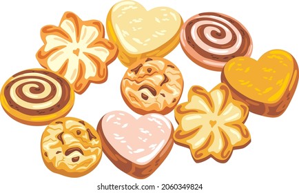 Varios tipos de pan corto festivo y galletas de chocolate. Vector