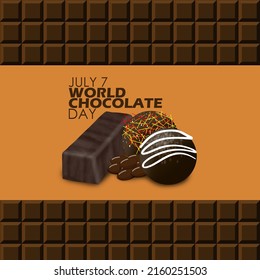 Several types of food made of chocolate with chocolate bars framed and bold texts, World Chocolate Day July 7