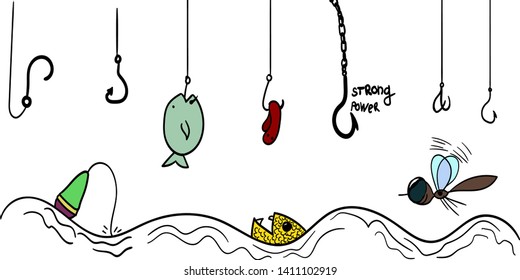 Several types of hooks for fishing hang over a wavy surface. Some of them have a worm and a fish. There is a float in the water, and a dragonfly flies over it.
