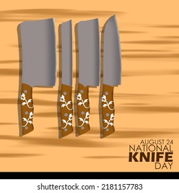 Several types of knives from slices and cutting knives on a wooden tray with bold text, National Knife Day August 24