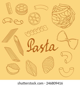 Several types of pasta in the style of the sketch.