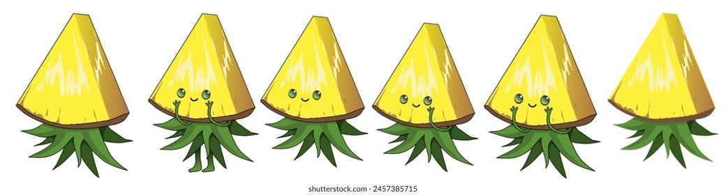 Several types of pineapple slice cartoon with and without face and stroke. Vector illustration triangular piece of ripe cute pineapple with eyes hands and legs kawai