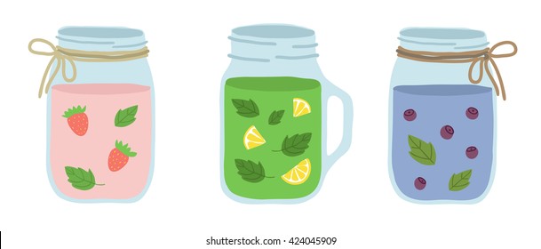 Several types of smoothies on white background. With strawberries, mint, blueberries. Detox and healthy eating. Hand-drawing.