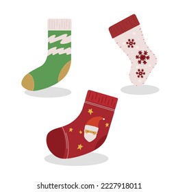 Several types of socks for Christmas with various motifs and patterns characteristic of the month of Christmas