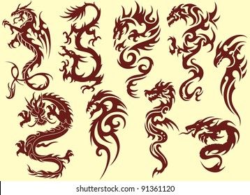 Several types of stylized dragons for tattoos