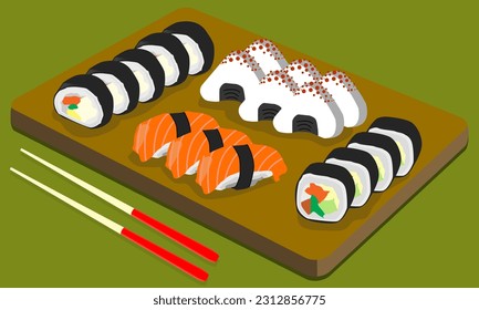 several types of sushi: Onigiri, Nigiri Sushi and Makizushi neatly arranged on a brown wooden plate with a pair of chopsticks and bold text commemorating International Sushi Day on June 18
