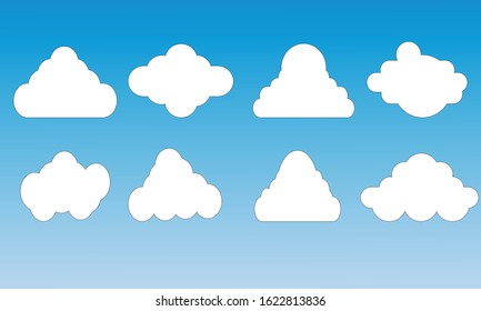 Several types of white clouds on a blue background. Vector.