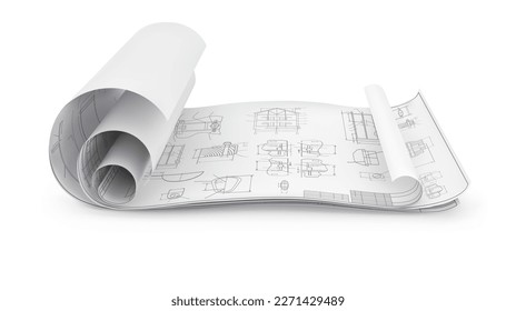 Several unfolded blueprints on a surface on a white background. Vector illustration