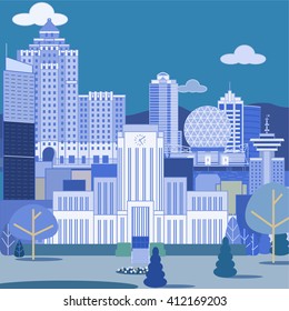 Several Vancouver, Canada Landmark buildings together as one image. There are other buildings as well and some mountains and clouds