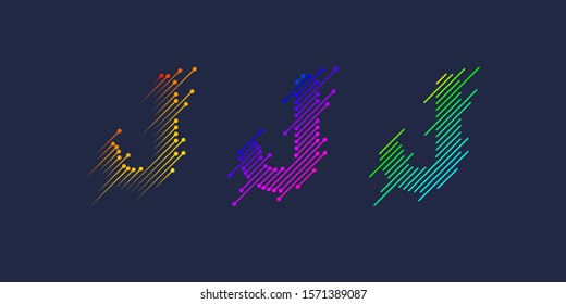 Several variants J of one letter T of the Latin alphabet. Dynamic sign in bright color and consisting of lines. Vector illustration
