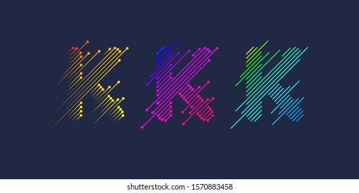 Several variants K of one letter T of the Latin alphabet. Dynamic sign in bright color and consisting of lines. Vector illustration
