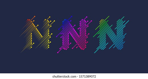 Several variants N of one letter T of the Latin alphabet. Dynamic sign in bright color and consisting of lines. Vector illustration
