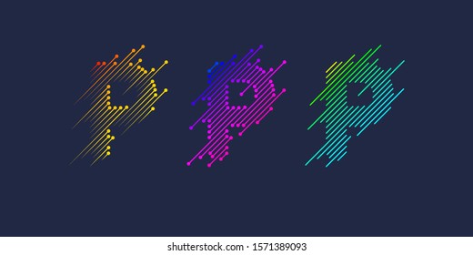 Several variants P of one letter T of the Latin alphabet. Dynamic sign in bright color and consisting of lines. Vector illustration