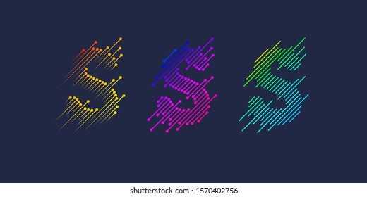 Several variants S of one letter T of the Latin alphabet. Dynamic sign in bright color and consisting of lines. Vector illustration
