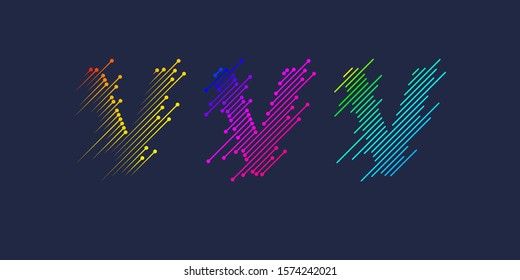 Several variants V of one letter T of the Latin alphabet. Dynamic sign in bright color and consisting of lines. Vector illustration