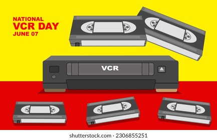 several vcr (videocassette recorder) and vcr player and bold text commemorating National VCR Day on June 7
