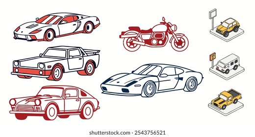 Vários carros vetoriais, incluindo ícones isométricos, motocicleta