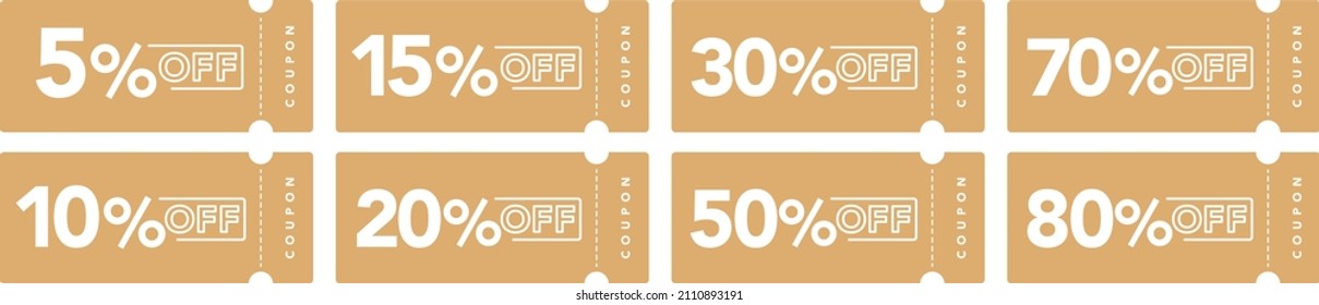 Several vector designs of yellow coupon voucher - 5% off to 80% off