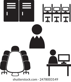 Several vector images of locker symbols, computers, oval meeting tables, people in front of computers, and symbols of people with collars.