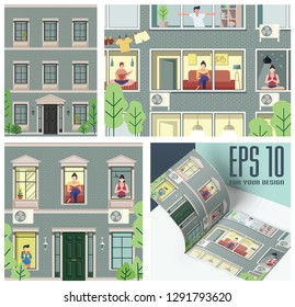 Several vector images in one set. Open Windows with people doing business. Culture, music, yoga. Simple brick house. With blue facade. This design is used for imaging.