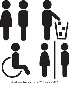 Varias Imágenes vectoriales de símbolos para varios tipos de hombres y mujeres, símbolos para baños, símbolos para personas en sillas de ruedas y personas tirando basura.