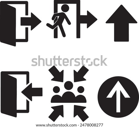 Several vector images of symbols of various arrows, indicating exits and entrances, evacuation routes, rally point symbols.