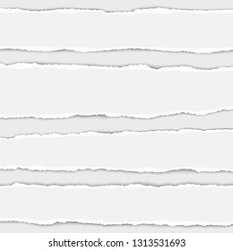 Several vector torn white paper stripes with shadow placed on white background. Realistic ripped paper pieces.