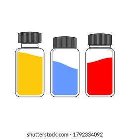 several vectors of small bottles filled with water of various colors