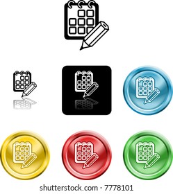 Several versions of an icon symbol of a stylised calendar or schedule and pencil