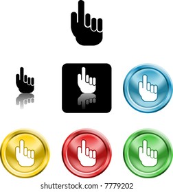 Several versions of an icon symbol of a stylised hand pointing finger upwards