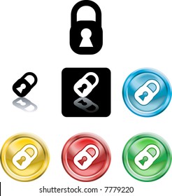 Several versions of an icon symbol of a stylised padlock
