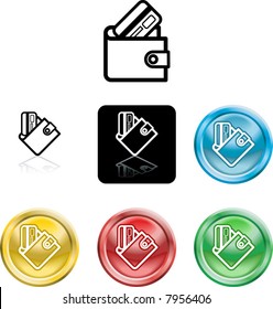 Several versions of an icon symbol of a stylised wallet and credit card