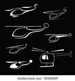 Several versions of a stylized helicopter on a black background. Isolated vector icons. Can be used as logotype or tattoo sketch.