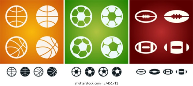 Several versions of team sport balls: basketball, soccer, american football.