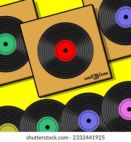 Several vinyl records with their packaging, with bold text on yellow background to celebrate National Vinyl Record Day on August 12