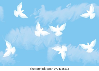Several white doves in the cloudy sky, seamless pattern