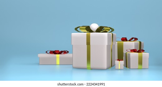 Several white gift boxes, gold ribbons, golden bows and red bows. blue background