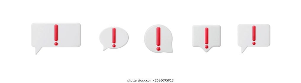 Several white speech bubbles with red exclamation mark icon inside. Set of message notification for alert attention error. Concept for digital communication warning.