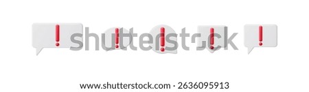 Several white speech bubbles with red exclamation mark icon inside. Set of message notification for alert attention error. Concept for digital communication warning.